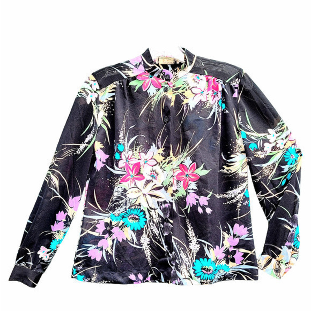 Teddi California Vintage 70s Sheer Tropical High‎ Collar Long Sleeve Blouse Top